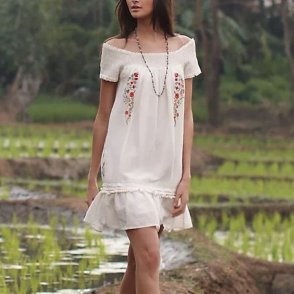 Moulinette Soeurs White Off-Shoulder Dress with Floral Embroidery